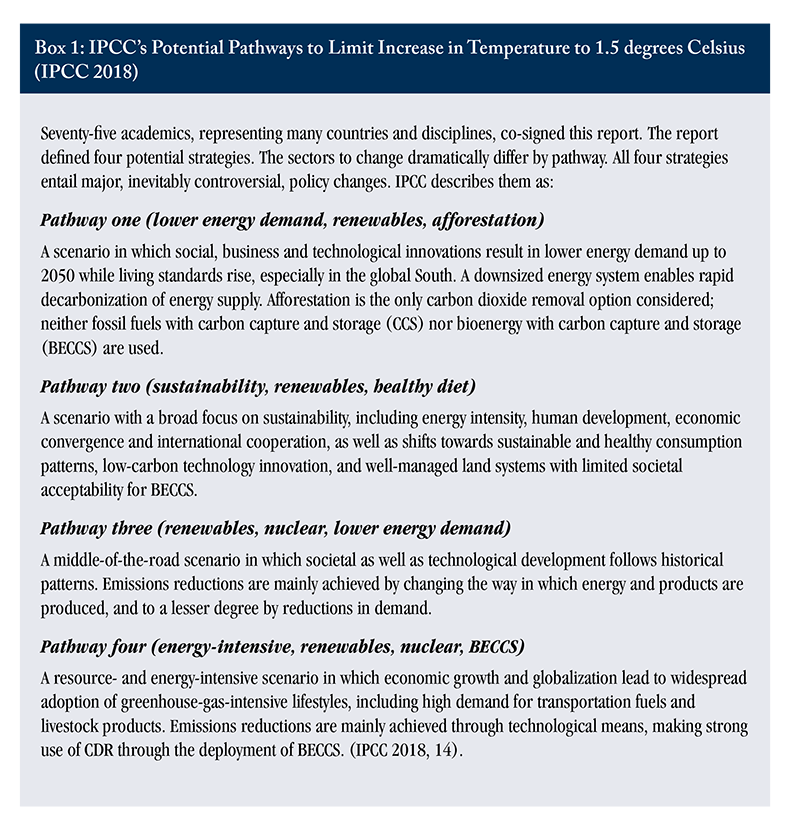 Box 1: IPCC's Potential Pathways to Limit Increase in Temperature to 1.5 degrees Celsius (IPCC 2018)