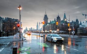 Parliament Hill in Ottawa, Ontario Canada with foggy conditions.