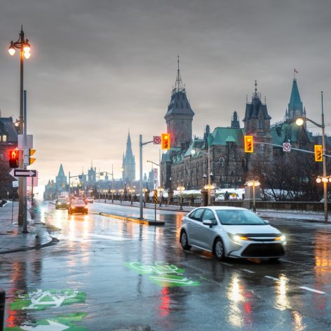 Parliament Hill in Ottawa, Ontario Canada with foggy conditions.